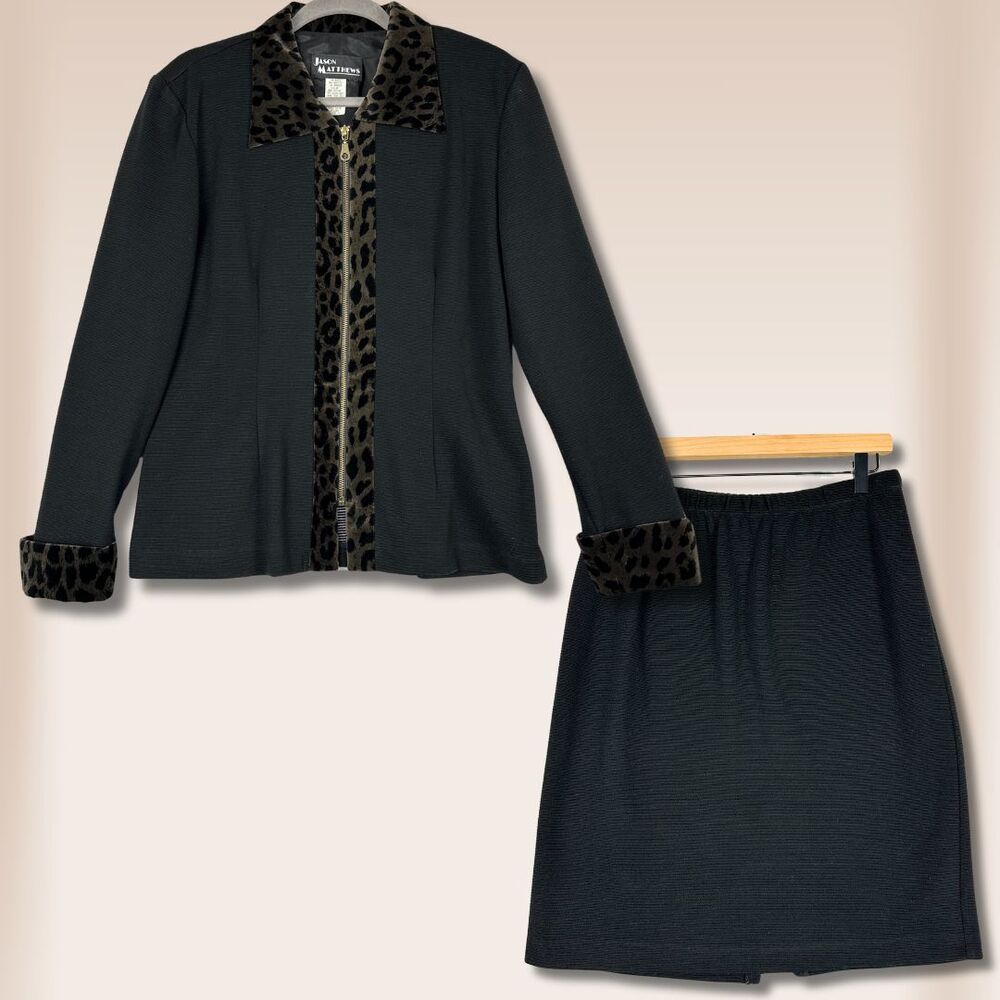 Vtg 90s Velvet Leopard Trim Skirt Set 12 Black The Nanny Officesiren Mobwife 80s